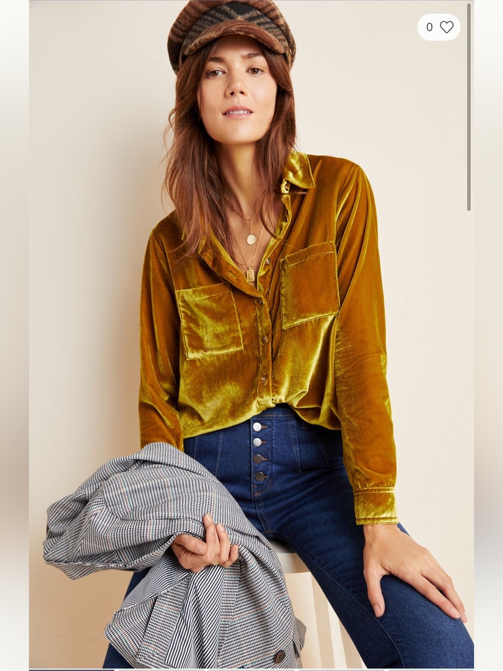 Anthropologie Maeve Karina Yellow Gold Crushed Velvet Button Down Shirt